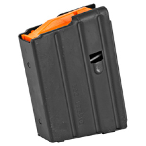 Detachable black metal magazine with orange follower.