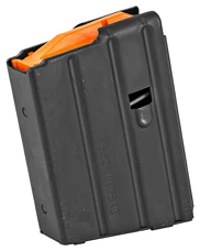 Detachable black metal magazine with orange follower.