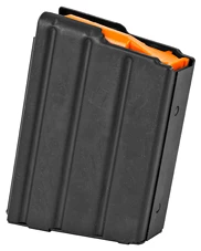 Black rifle magazine with orange follower.