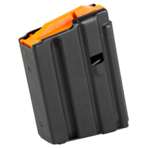 Rifle magazine with orange follower, angled view.