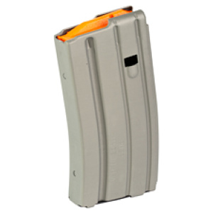 Rifle magazine with orange follower on white background