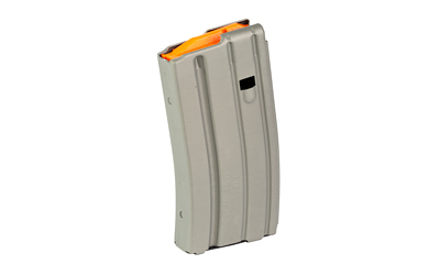 Rifle magazine with orange follower on white background