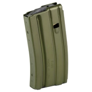 Green rifle magazine standing upright.