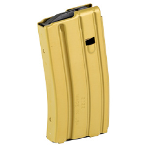 Yellow firearm magazine standing upright on white background.