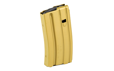 Yellow firearm magazine standing upright on white background.