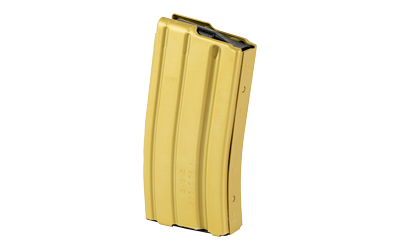 Gold-colored rifle magazine on white background.