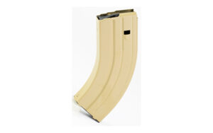 Tan curved rifle magazine isolated on white background.