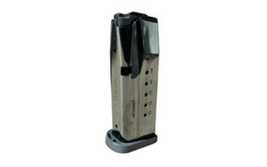 Metal firearm magazine with bullet capacity markings.