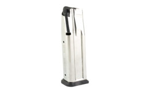 Stainless steel firearm magazine on white background.