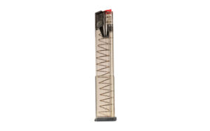 Transparent gun magazine with visible spring mechanism.