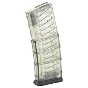 Transparent rifle magazine with visible ammunition slots.