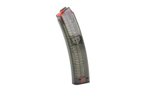 Transparent curved rifle magazine with visible spring