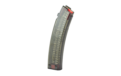 Transparent curved rifle magazine with visible ammunition