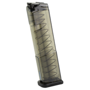 Transparent large-capacity airsoft magazine with spring visible.