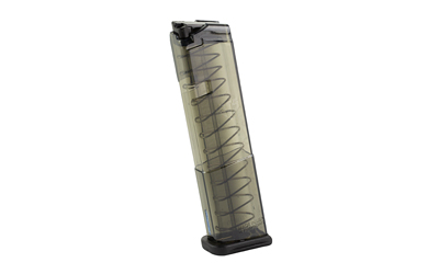 Transparent large-capacity airsoft magazine with spring visible.