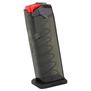 Black and red airsoft magazine standing upright.