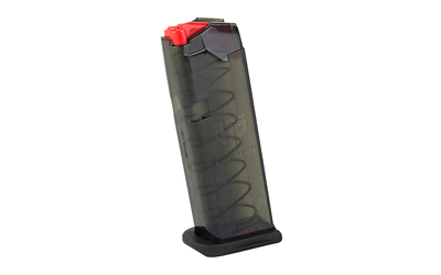 Black and red airsoft magazine standing upright.