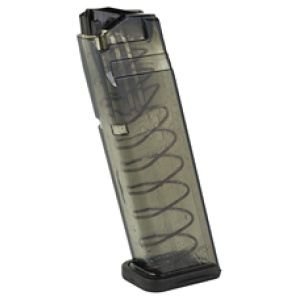 Transparent handgun magazine with visible spring mechanism.