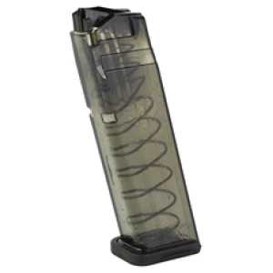 Transparent handgun magazine with visible spring mechanism.