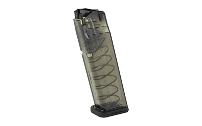 Transparent handgun magazine with visible spring mechanism.
