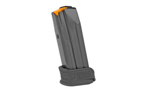 Handgun magazine with orange follower and baseplate