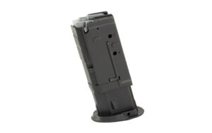 Black handgun magazine with extended baseplate