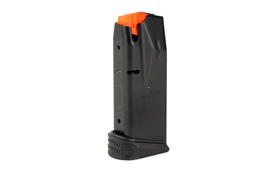 Black pistol magazine with orange follower