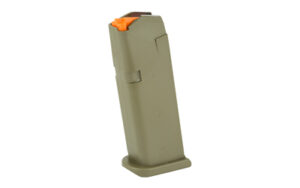 Olive green ammunition magazine with orange follower.
