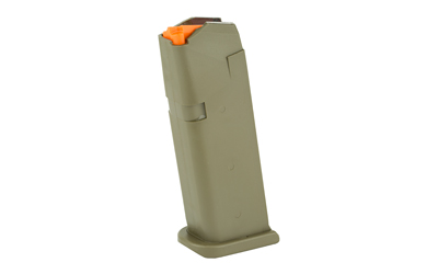Olive green ammunition magazine with orange follower.