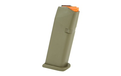 Olive pistol magazine with orange follower.