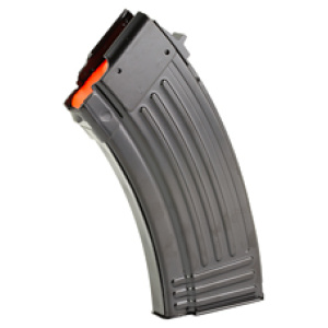 Rifle magazine with orange follower on white background.