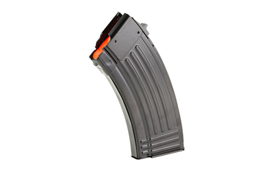 Rifle magazine with orange follower on white background.