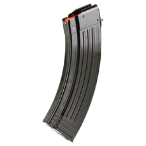 Steel curved rifle magazine on white background.