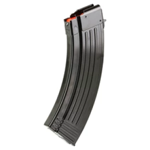 Steel curved rifle magazine on white background.