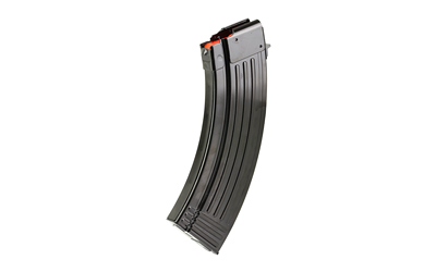 Steel curved rifle magazine on white background.