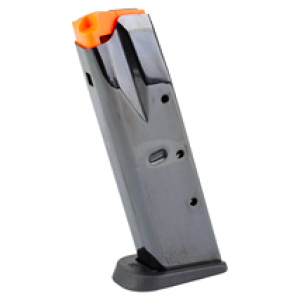 Pistol magazine with orange follower and black baseplate.