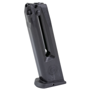 Black firearm magazine on white background