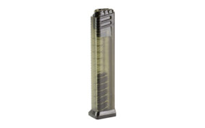 Transparent extended pistol magazine with visible ammunition