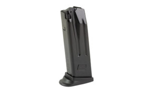 Black handgun magazine with extended baseplate