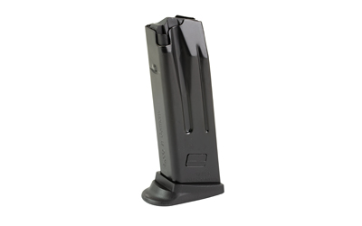 Black handgun magazine with extended baseplate