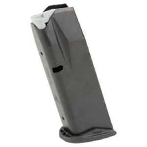 Gun magazine for firearms, black finish, side view.