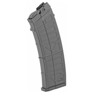 High-capacity rifle magazine on white background.