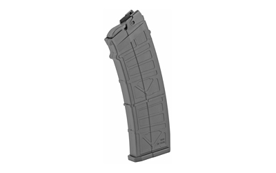 High-capacity rifle magazine on white background.