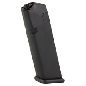 Black firearm magazine isolated on white background.