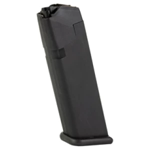 Black firearm magazine isolated on white background.