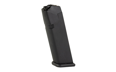 Black firearm magazine isolated on white background.