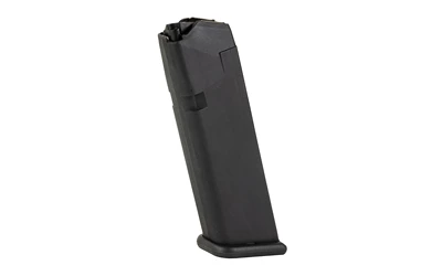 Black firearm magazine isolated on white background.