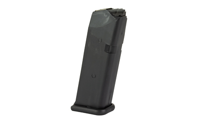 Black firearm magazine against white background