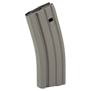 Rifle magazine, curved, metal, isolated on white background.