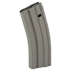 Rifle magazine, curved, metal, isolated on white background.